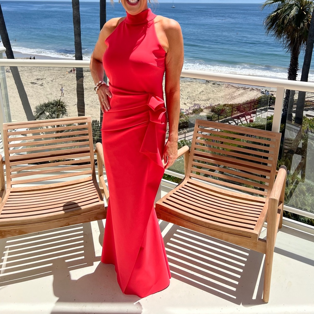 Chiari Boni La Petite Robe Godrum Halter Ruffle Gown Coral